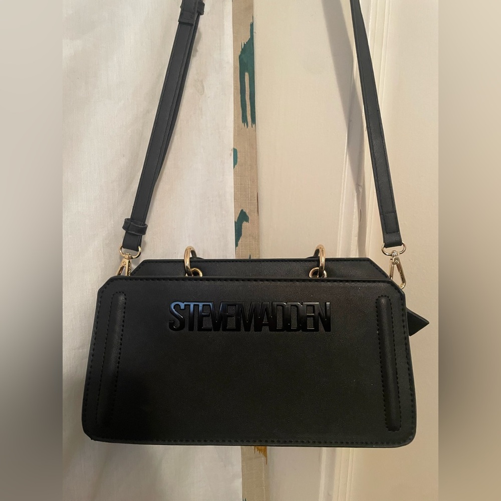 Steve Madden Square Black Bag Gold Accents Mobwife Party Wedding Designer Goth